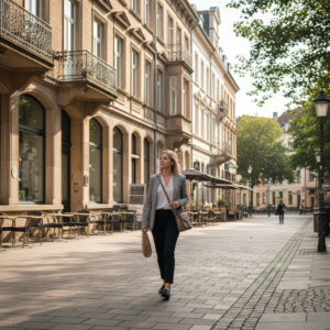 Frau geht in der Mittagspause spazieren auf einer deutschen Stadtstraße um gesund abzunehmen im Alltag
