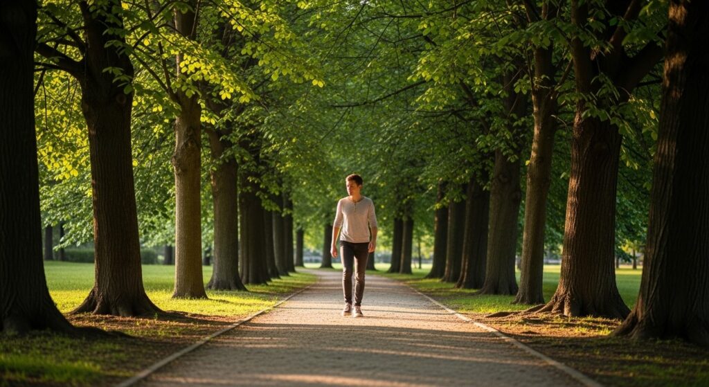 Person geht spazieren im Park – Bewegung in den Alltag integrieren