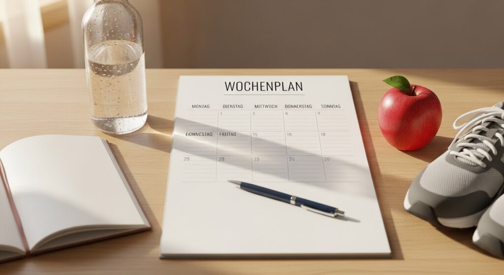 4-Wochen-Plan für die Lebergesundheit – Notizbuch,
Wasserflasche, gesunde Ernährung und Sportschuhe
auf dem Schreibtisch