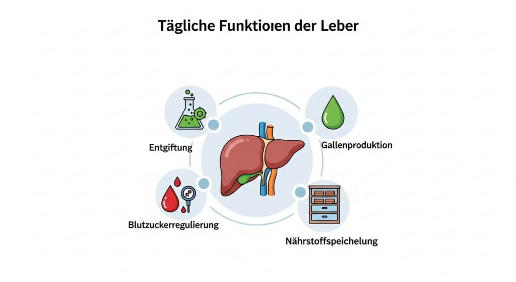 Tägliche Funktionen der Leber – Infografik zeigt
Entgiftung, Gallenproduktion, Blutzuckerregulierung
und Nährstoffspeicherung