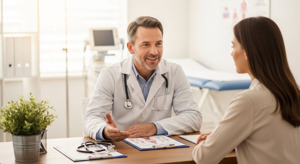 Arzt erklärt Leberwerte beim Patientengespräch
in der Arztpraxis – medizinische Beratung
zur Lebergesundheit