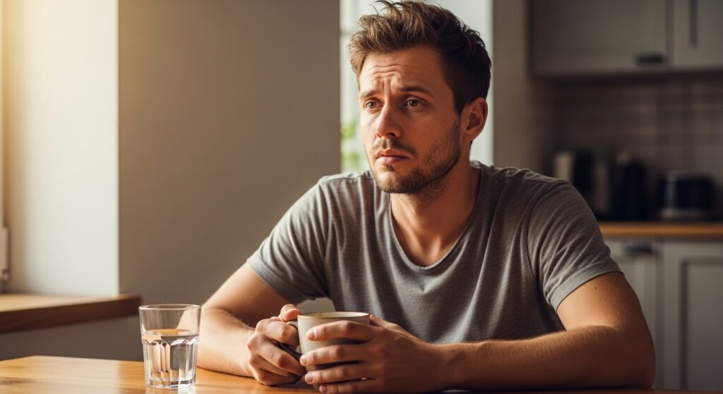 Mann am Morgen mit Kaffee und Wasserglas – gesund leben im Alltag