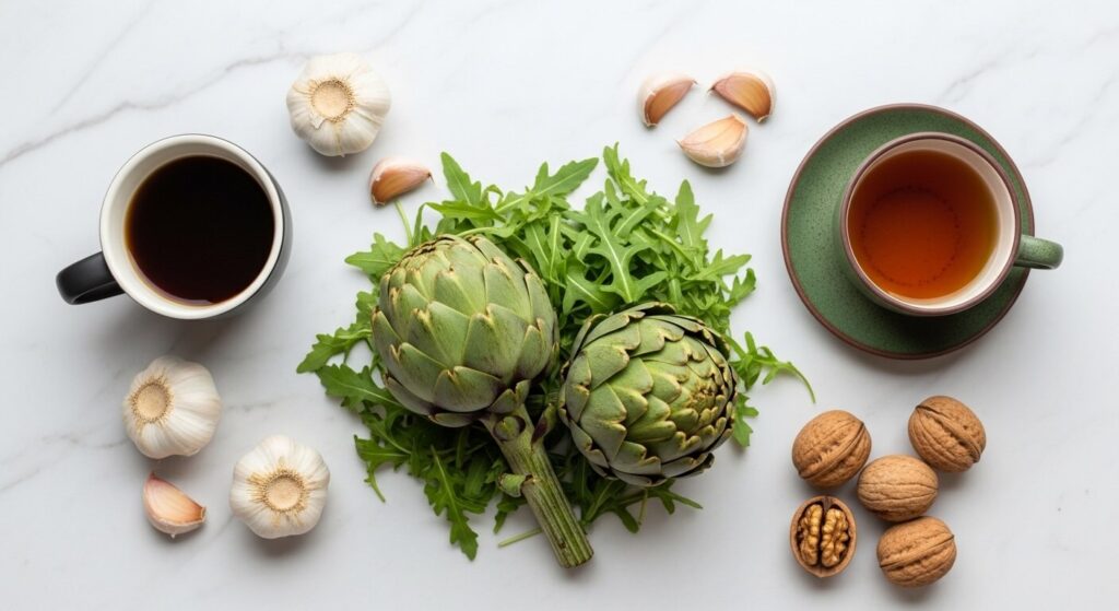 Lebergesunde Lebensmittel – Kaffee, Knoblauch,
Artischocken, Rucola, Walnüsse und grüner Tee
auf weißem Hintergrund