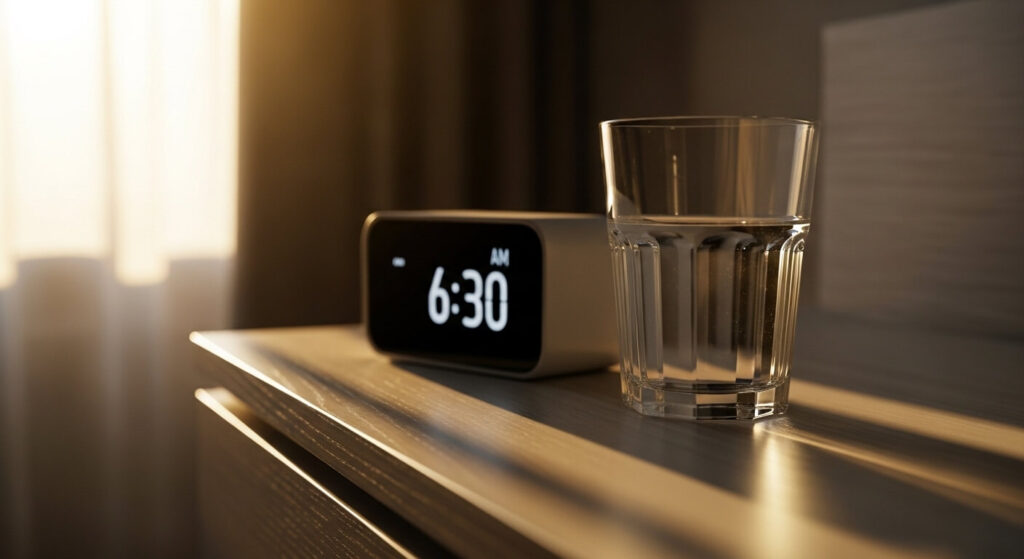 Wasserglas auf Nachttisch am Morgen – gesunde Gewohnheiten für den Tag