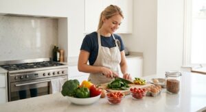 Junge Frau schneidet frisches Gemüse in einer hellen Küche für eine gesunde Mahlzeit zum gesund abnehmen