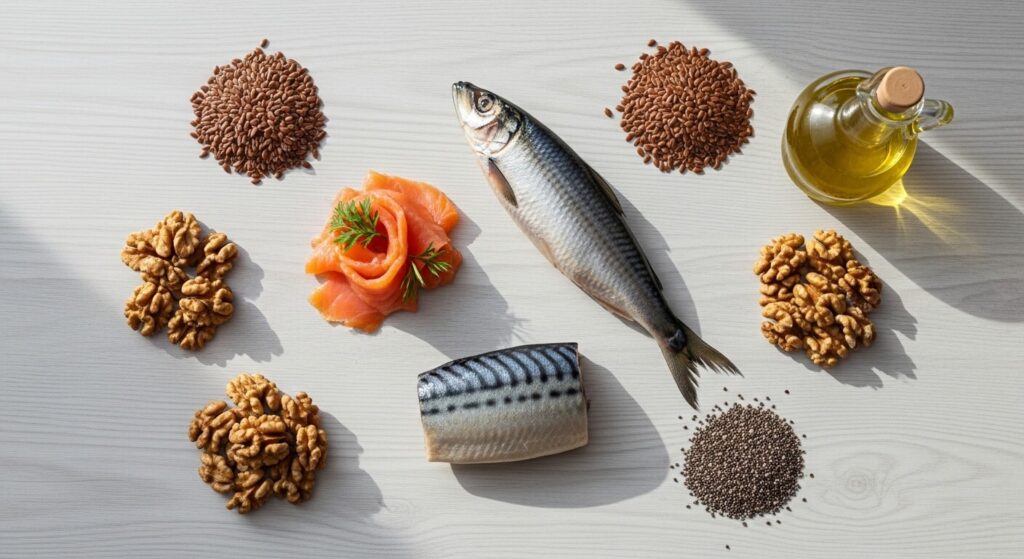 Omega-3-Lebensmittel auf einem Holztisch – Hering, Lachs, Walnüsse, Leinsamen und Chiasamen