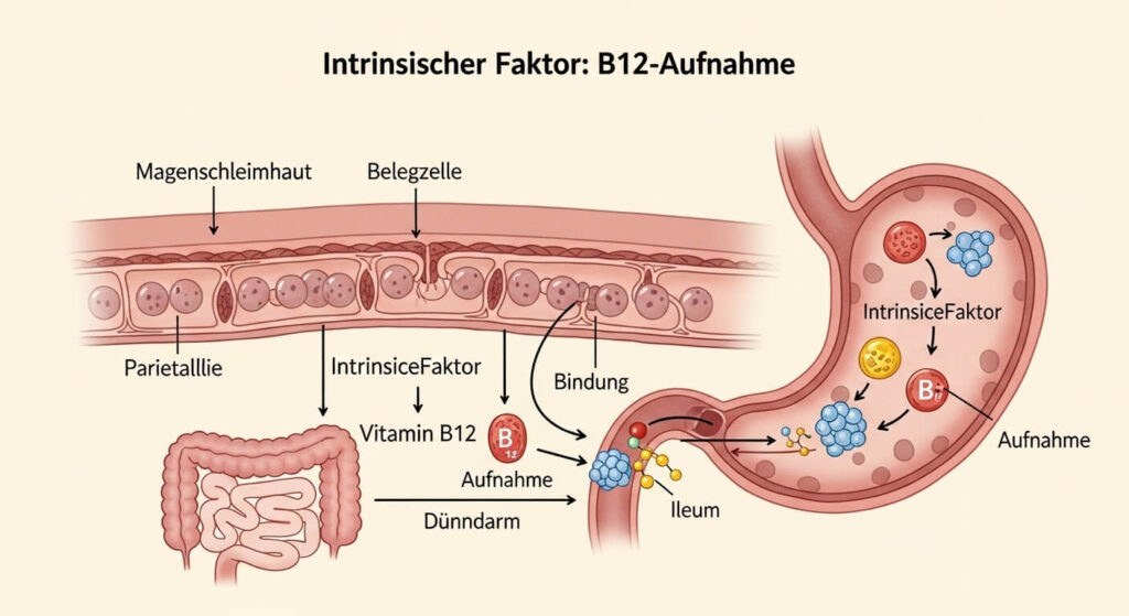 Illustration des Intrinsic Factor – wie Vitamin B12 im Magen aufgenommen wird