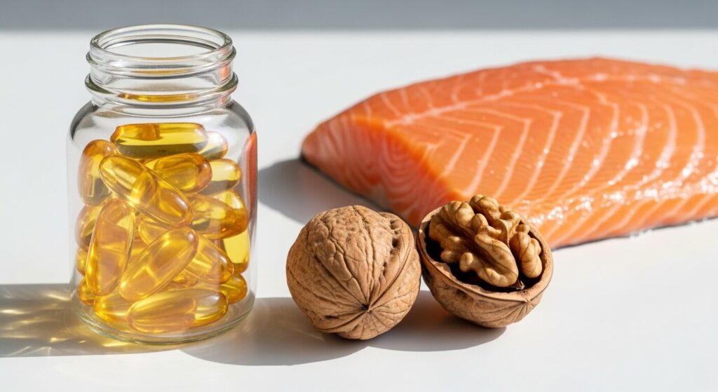 Algenöl-Kapseln neben Lachs und Walnüssen – Omega-3 aus Nahrungsergänzung und natürlichen Quellen