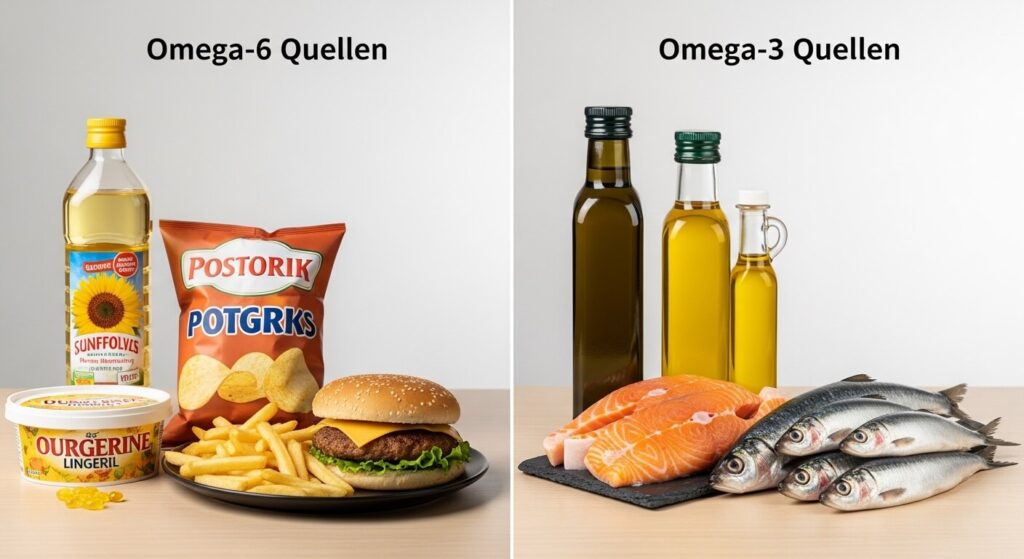 Vergleich Omega-6 Lebensmittel links vs Omega-3 Lebensmittel rechts – das richtige Verhältnis ist entscheidend