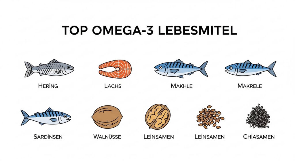 Infografik der besten Omega-3-Lebensmittel: Hering, Lachs, Makrele, Sardinen, Walnüsse und Leinsamen